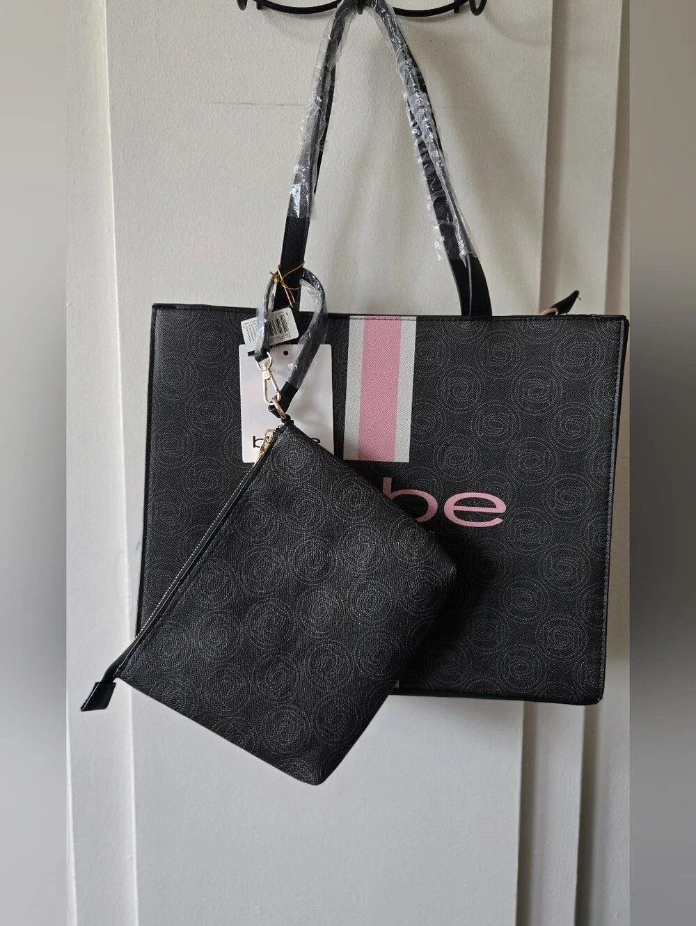 bebe Black and Pink Logo Stripe Tote - Picture 2 of 6